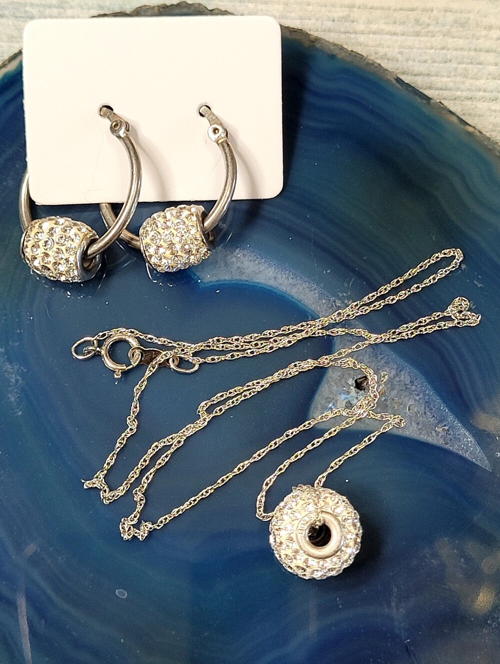 Sterling Silver Crystal Hoop Earrings and Pendant Necklace Set - Clear
